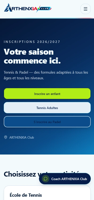 Vue mobile d'un club géré avec ARTHENXIA Club